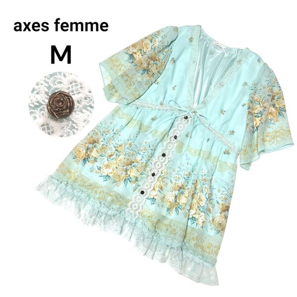 axes femme アクシーズファム 花パネル柄ブラウス 半袖 シフォンチュニック フラワー柄 レース フリル リボン フレアM