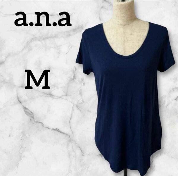 美品 a.n.a ネイビー Vネック Tシャツ 【M】 半袖シャツ 無地Tシャツ カットソー Uネック