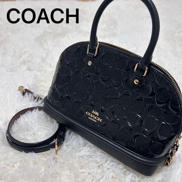 極美品 COACH コーチ 2way ハンド ショルダーバッグ 黒 シグネチャー ショルダーベルト付き F27597