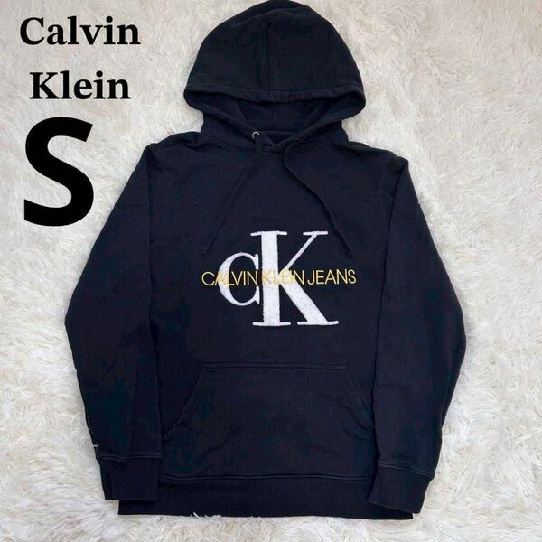 Calvin Klein カルバンクライン パーカー ビックロゴ(S)黒 パーカー スウェット ブラック プルオーバー ロゴ