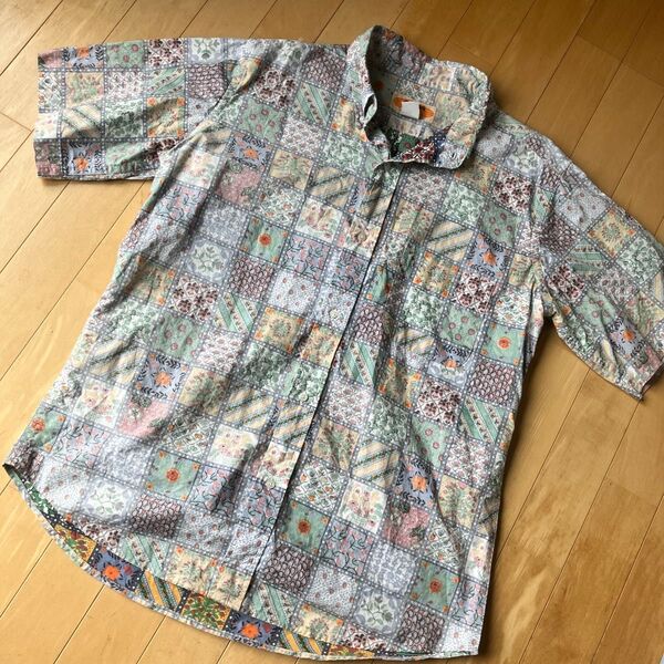 camco カムコ プルオーバーシャツ花柄 フラワーボタニカル半袖パッチワーク風 マルチカラーL