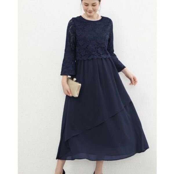 ネイビー レース×シフォン ワンピース ドレス 結婚式 二次会 新品・未使用 タグ付き