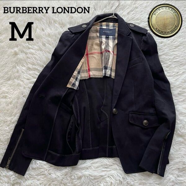 【美品】バーバリーロンドン ノバチェック テーラードジャケット 38 M 黒 コットン BURBERRY レディース 金ボタン