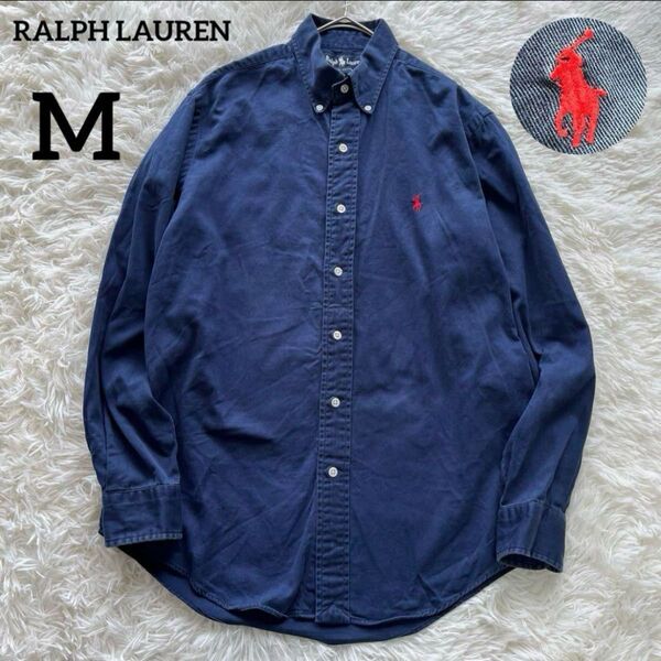 【90's】RALPH LAUREN ラルフローレン 長袖シャツ 赤ポニー ロゴ刺繍 ネイビー コットン ヴィンテージ 古着 M