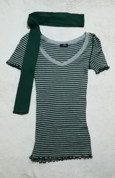 INED イネド Mサイズ ボーダー Vカット ロング Tシャツ カットソー トップス 半袖 綿100% ストレッチ よく伸びる