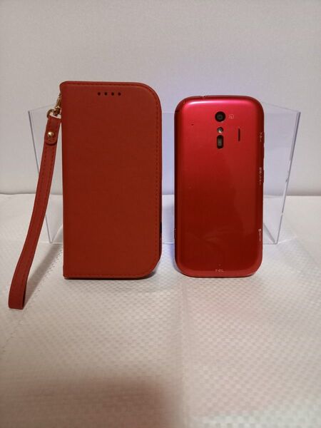 らくらくスマートフォン me F-01L ドコモ ピンク & 手帳型スマホケース マグネット式(レッド系)