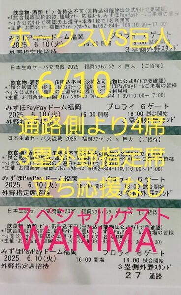 【通路側】ホークスVS巨人 ( 6/10)☆WANIMAイベント☆チケット4枚