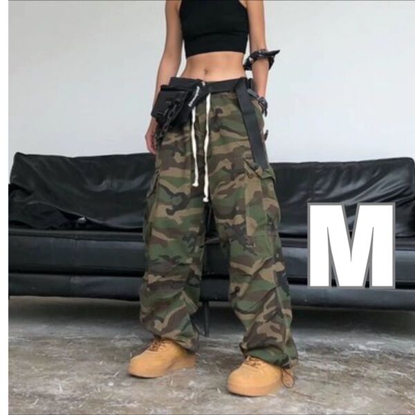 カーゴパンツ Mサイズ 迷彩 ミリタリー 大きめ ストリート ワイドパンツ ダンス 韓国