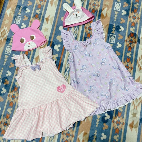 水着 ワンピース エコネコ ユニコーン チェック柄 ピンク 紫 うさぎ キャップ スイムキャップ ミキハウス