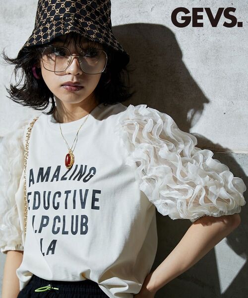 極美品 GEVS. ジェイヴィス フリル袖パフスリーブカットソートップス Tシャツ 3L