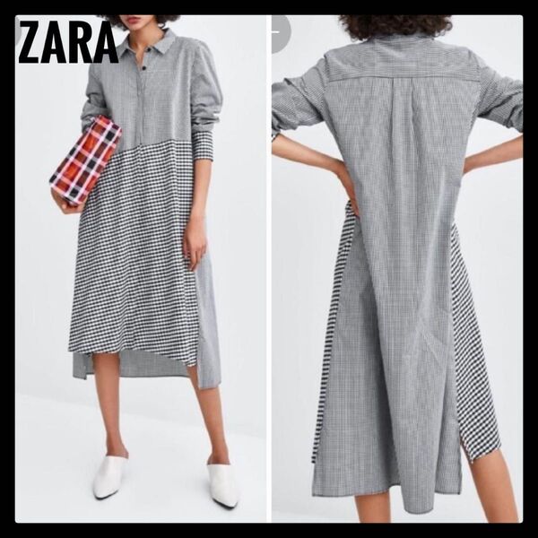 極美品 ZARA ザラ 切替ギンガムチェック ロングシャツワンピース ブラック