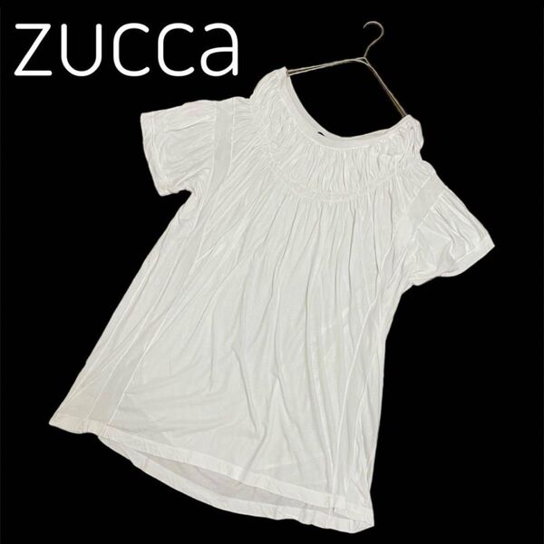 極美品 ZUCCa ズッカ シャーリング チュニック ホワイト 綿100% ギャザー 半袖 カットソー
