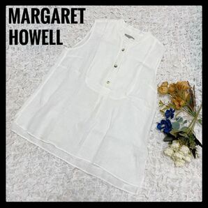 美品♪ リネン100% MARGARET HOWELL マーガレットハウエル ノースリーブ カットソー ホワイト Lサイズ相当