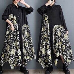 高見えアシンメトリー 切り替え 花柄 マキシワンピース 体型カバー ゆったり シャツ 長袖ワンピース ロング 大人可愛い レトロ