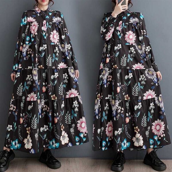 花柄 総柄 ティアード マキシワンピース 体型カバー ゆったり ふんわり 大人可愛い ロング おしゃれ 長袖 レトロ 個性的