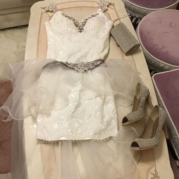 ROBE de FLEURS ホワイトドレス タイトドレスビジューローブドフルールチュール付き2WAYドレス