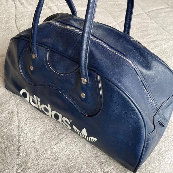 希少70〜80s ヴィンテージ adidas アディダス レザーボストンバッグ ネイビー 当時物