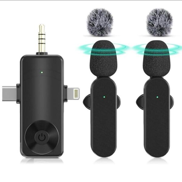 ピンマイク ワイヤレス無線360°採集録音 スマホマイク瞬時接続 ノイズキャンセリング3 in1受信端末 2人同時使用