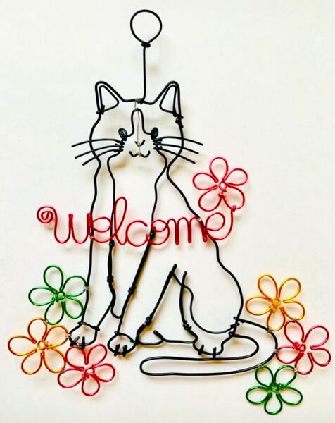ワイヤークラフト welcome お花 ねこ ネコ ワイヤーアート