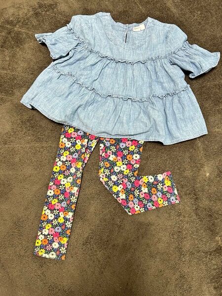 ベビー服 女の子 セットアップ デニムトップス 花柄レギンス 120cm