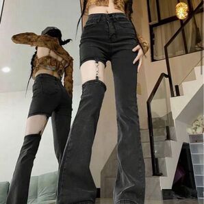 SHEIN ハイウエストストレッチデニムジーンズ ブラック スリット フレア ブラック パンツ