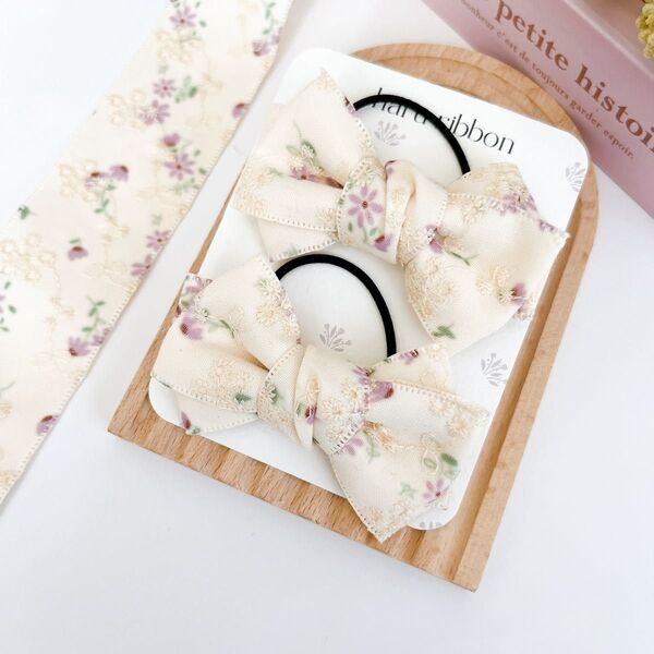 ハンドメイドキッズリボンヘアゴム2本セット ツイン 花柄 パープル系