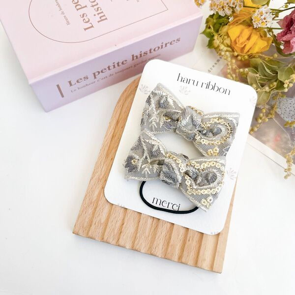ハンドメイド インド刺繍リボンツインヘアゴム キッズ 青系 アクセサリー ヘアクセサリー