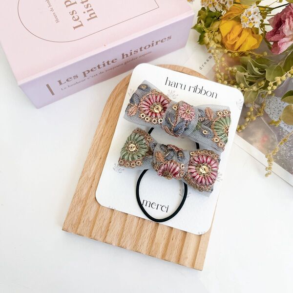 インド刺繍リボン ツイン2個セットヘアゴム ハンドメイド キッズ 子ども
