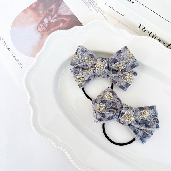インド刺繍リボンのヘアゴム2本セット 青系 ツインにもポイントつかいにも