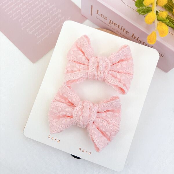 ハンドメイド キッズヘアゴム2本セット ピンク系刺繍リボン ツイン