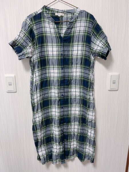 【中古】半袖 ルームウェア 半袖 ワンピースパジャマ M チェック柄 前開き