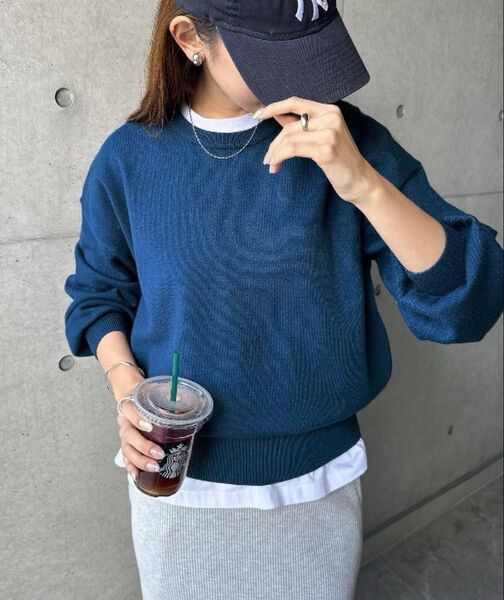 andme(アンドミー)クルーネック 長袖 ニット ブルー Mサイズ トップス セーター プルオーバーレディース