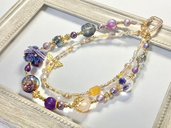 ハンドメイド ストラップ キーホルダー スマホ バックチャーム アクリルビーズ ガラスビーズ 紫系 パープル ゴールド グレー