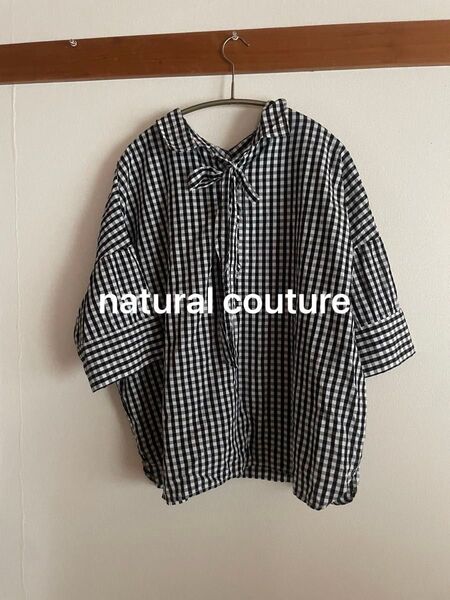 natural couture ナチュラルクチュール 半袖 リボン ギンガムチェック ブラウス シャツ プルオーバー 黒×白