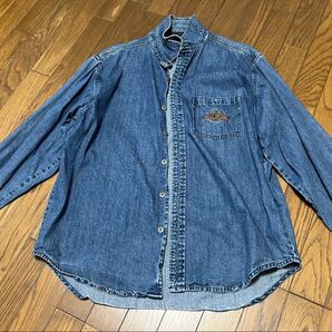 ハーレーダビッドソン 古着長袖デニムシャツ オール刺繍 バイカー アメカジ古着 HARLEY-DAVIDSON