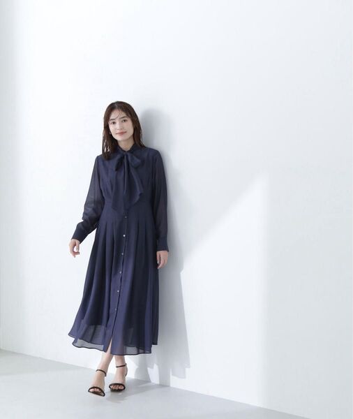 NATURAL BEAUTY BASIC シアー ストライプ ボウタイワンピース ネイビー S タグなし未使用品