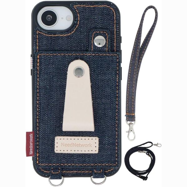 【新品未開封】 NeedNetwork 岡山デニム iPhone16e用ケース ストラップ/肩紐/ヌメ革リング/カードホルダー