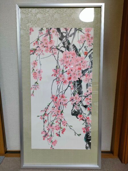 水墨画・墨彩 桜 絵画 直筆 肉筆 簡易木製バー付き