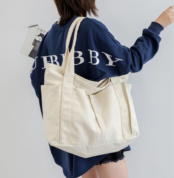 トートバッグ レディース メンズ 大容量 大きめ 白 ホワイト ポケット キャンバス 帆布 マザーズバッグ a4 シンプル かばん