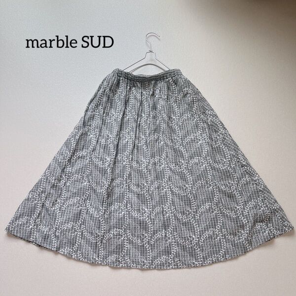 美品 marble SUD マーブルシュッド LEAF&BIRD刺繍フレアスカート リーフアンドバード