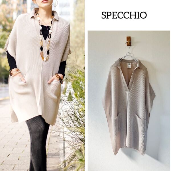 美品 SPECCHIO シャトルプリーツ スキッパーチュニックワンピース ベージュ スペッチオ