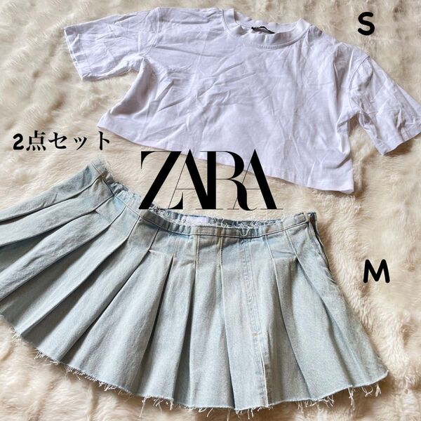 ZARA コーデセット 上下2点 y2k プリーツ デニムスカート Tシャツ M 平成ギャル