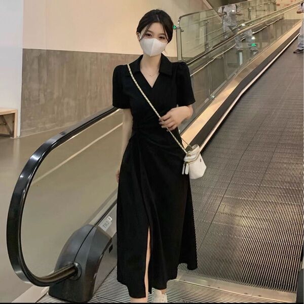 ラージサイズ太った妹不規則なスリットワンピース女性夏デザイン感Vネック腰を閉じて痩せるティーブレイクロングスカート