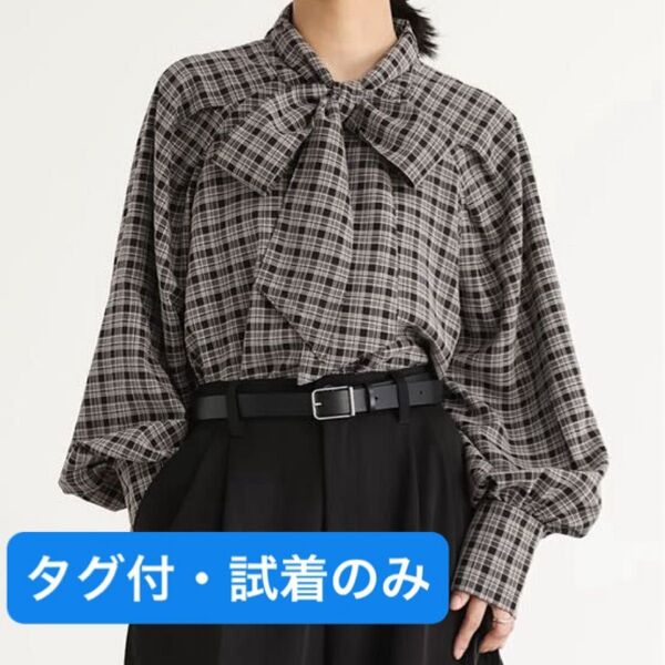 【タグ付・試着のみ】オシャレウォーカー n’OrLABELリボンタイ付ラグランブラウス チェック 黒 白 サイズ1