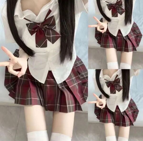 【新品匿名発送】女子高生JK 制服 コスプレ スカート&シャツ&ネクタイ 赤 M