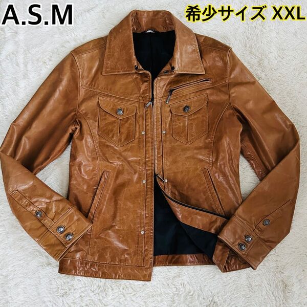 【希少サイズXXL】A.S.M エーエスエム 水牛革 レザージャケット シングルライダース 本革 キャメル 大きいサイズ