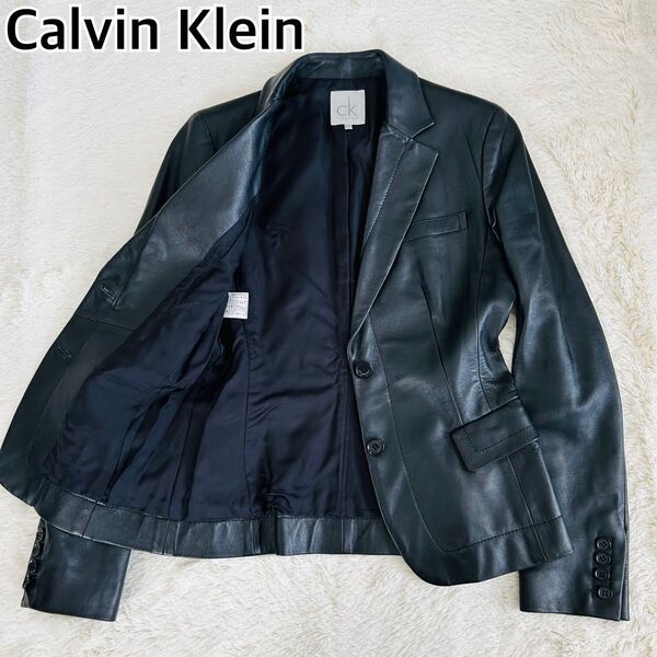 【美品】Calvin Klein カルバンクライン テーラードジャケット ラムレザー 羊革 本革 レディース ブラック 4 L