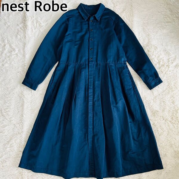 nest Robe ネストローブ リネン混 麻 長袖シャツワンピース Aライン マキシ丈 ネイビー 紺 フリーサイズ