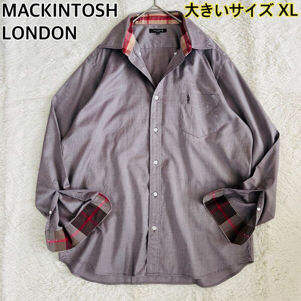 【美品 大きいサイズXL】MACKINTOSH LONDON マッキントッシュロンドン 長袖シャツ ロゴ刺繍 裏チェック