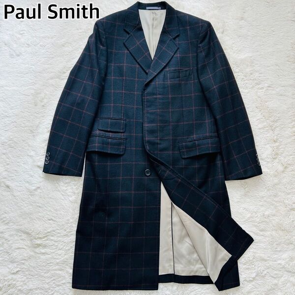 Paul Smith ポールスミス ロング チェスターコート ステンカラー ウール チェック 黒 ブラック 比翼 L
